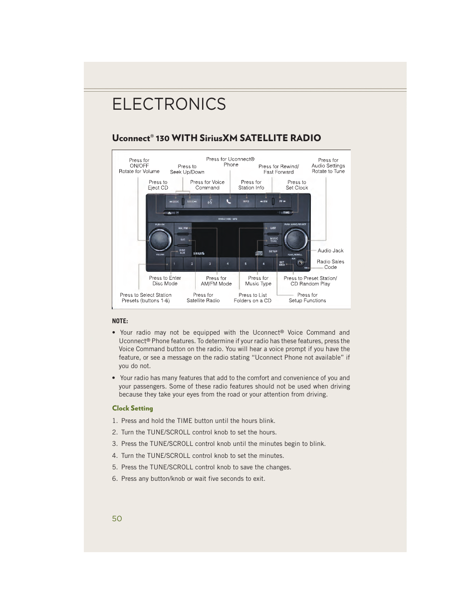 Uconnect® 130 with siriusxm satellite radio, Clock setting, Uconnect | 130 with siriusxm, Satellite radio, Electronics | Jeep 2014 Wrangler - User Guide User Manual | Page 52 / 148