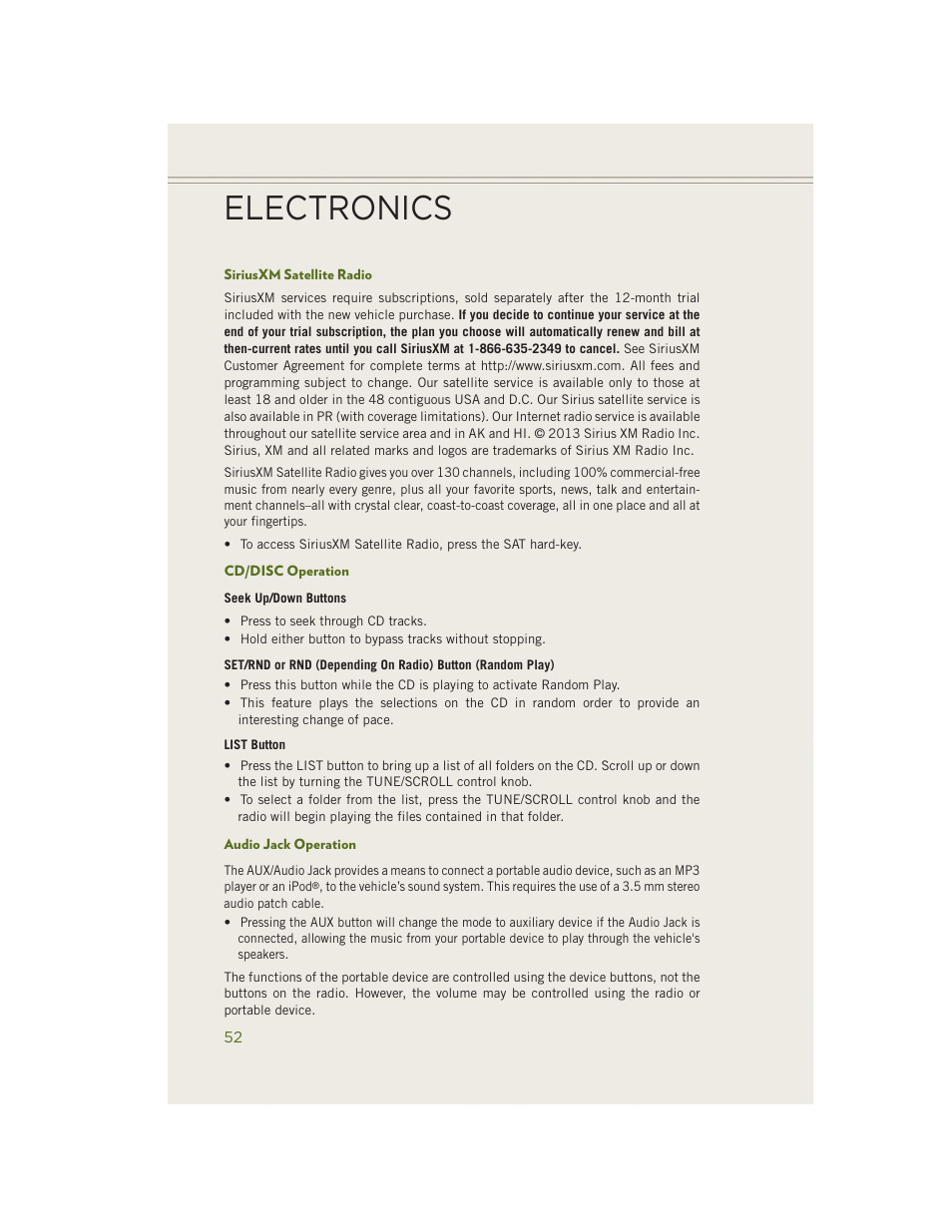 Siriusxm satellite radio, Cd/disc operation, Audio jack operation | Electronics | Jeep 2014 Wrangler - User Guide User Manual | Page 54 / 148