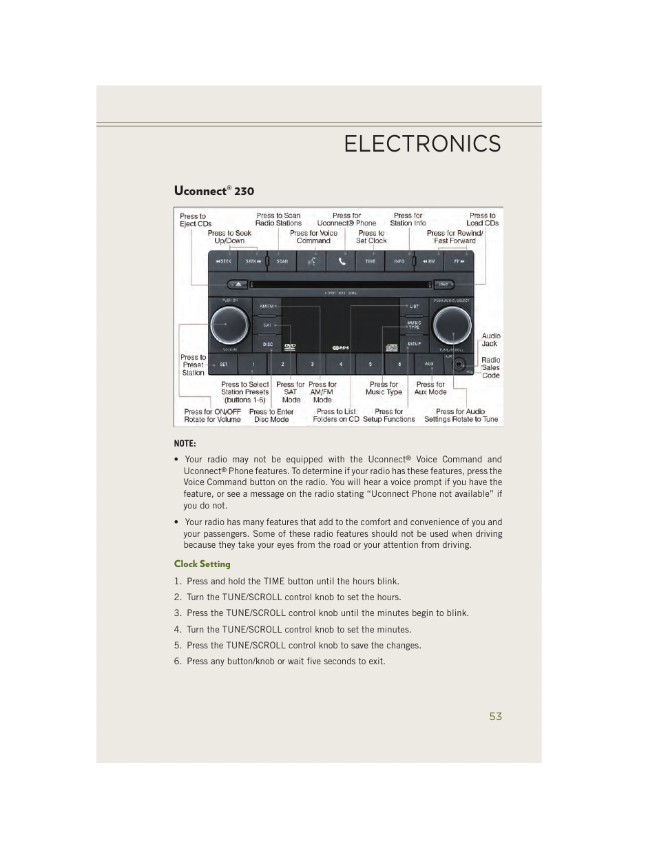 Uconnect® 230, Clock setting, Uconnect | Electronics | Jeep 2014 Wrangler - User Guide User Manual | Page 55 / 148