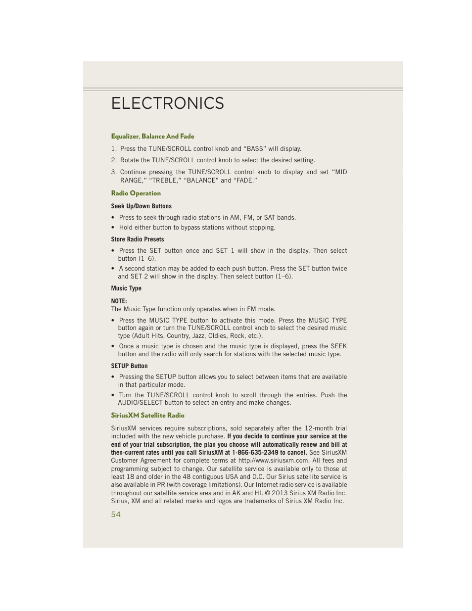 Equalizer, balance and fade, Radio operation, Siriusxm satellite radio | Electronics | Jeep 2014 Wrangler - User Guide User Manual | Page 56 / 148