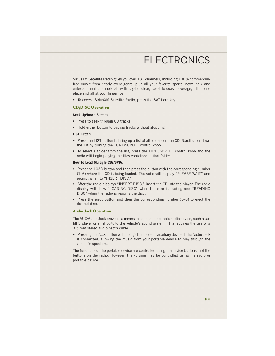 Cd/disc operation, Audio jack operation, Electronics | Jeep 2014 Wrangler - User Guide User Manual | Page 57 / 148