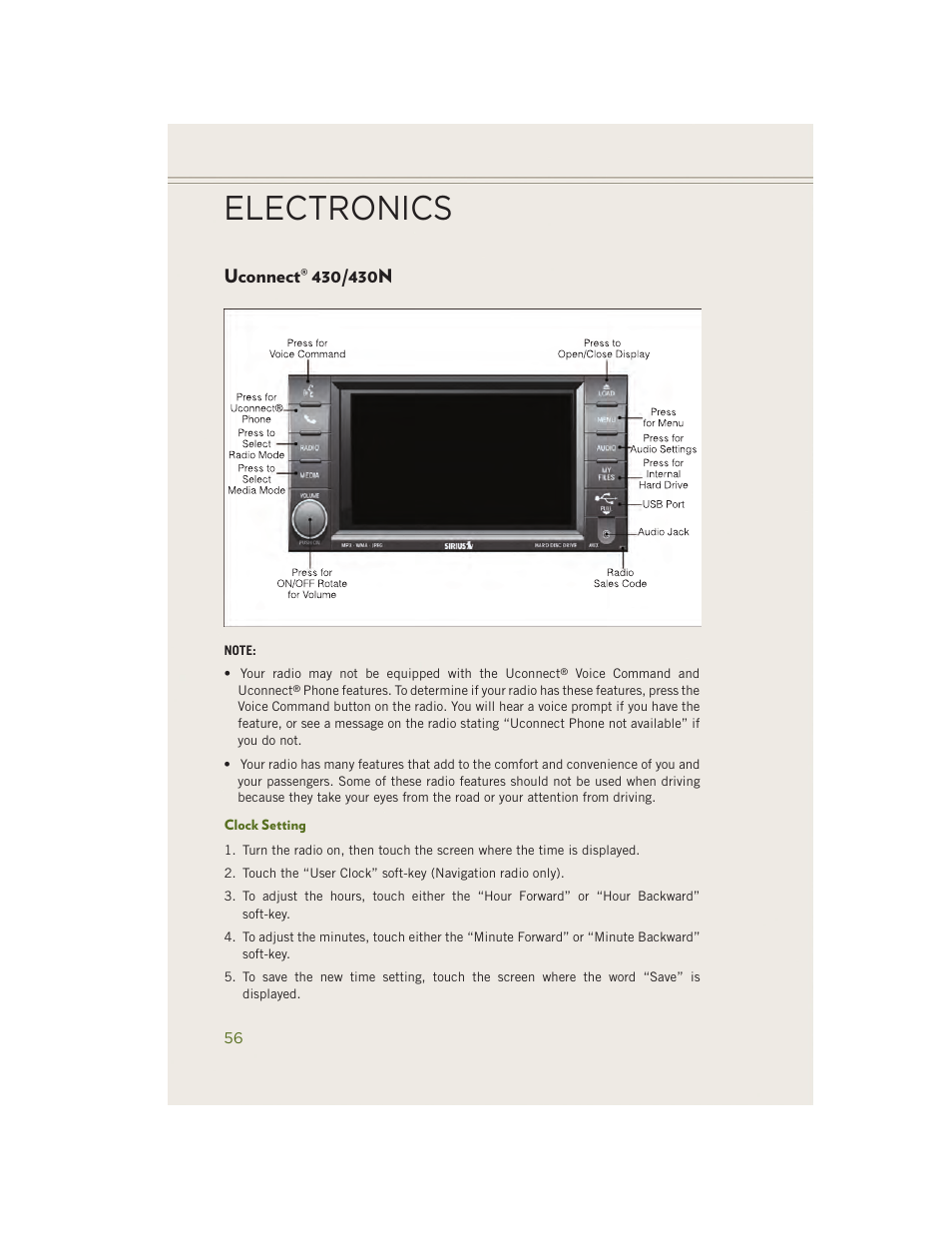 Uconnect® 430/430n, Clock setting, Uconnect | 430/430n, Electronics | Jeep 2014 Wrangler - User Guide User Manual | Page 58 / 148