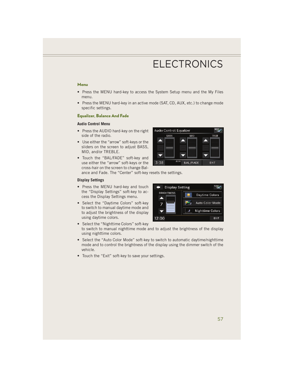 Menu, Equalizer, balance and fade, Electronics | Jeep 2014 Wrangler - User Guide User Manual | Page 59 / 148