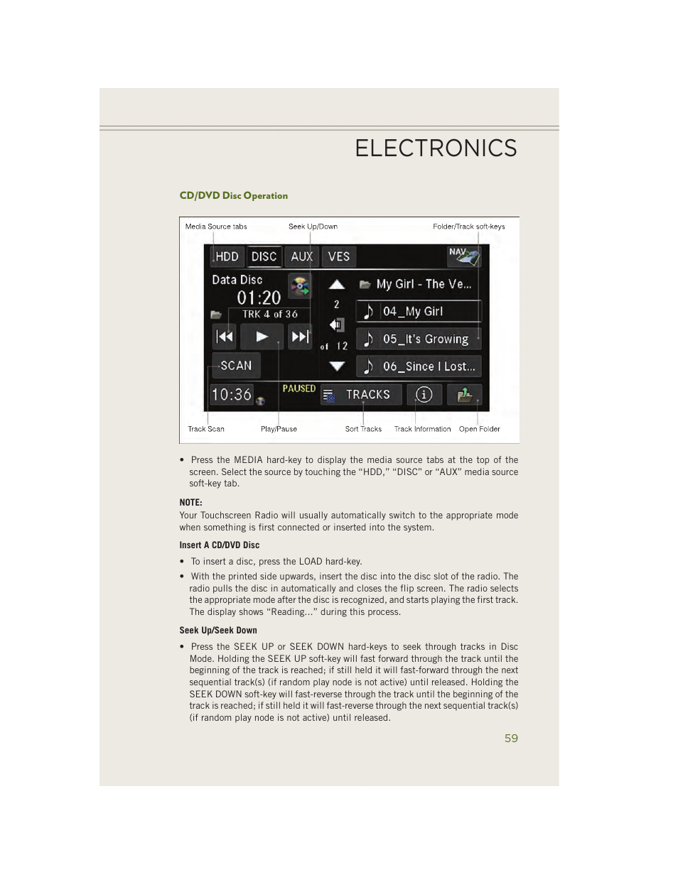 Cd/dvd disc operation, Electronics | Jeep 2014 Wrangler - User Guide User Manual | Page 61 / 148