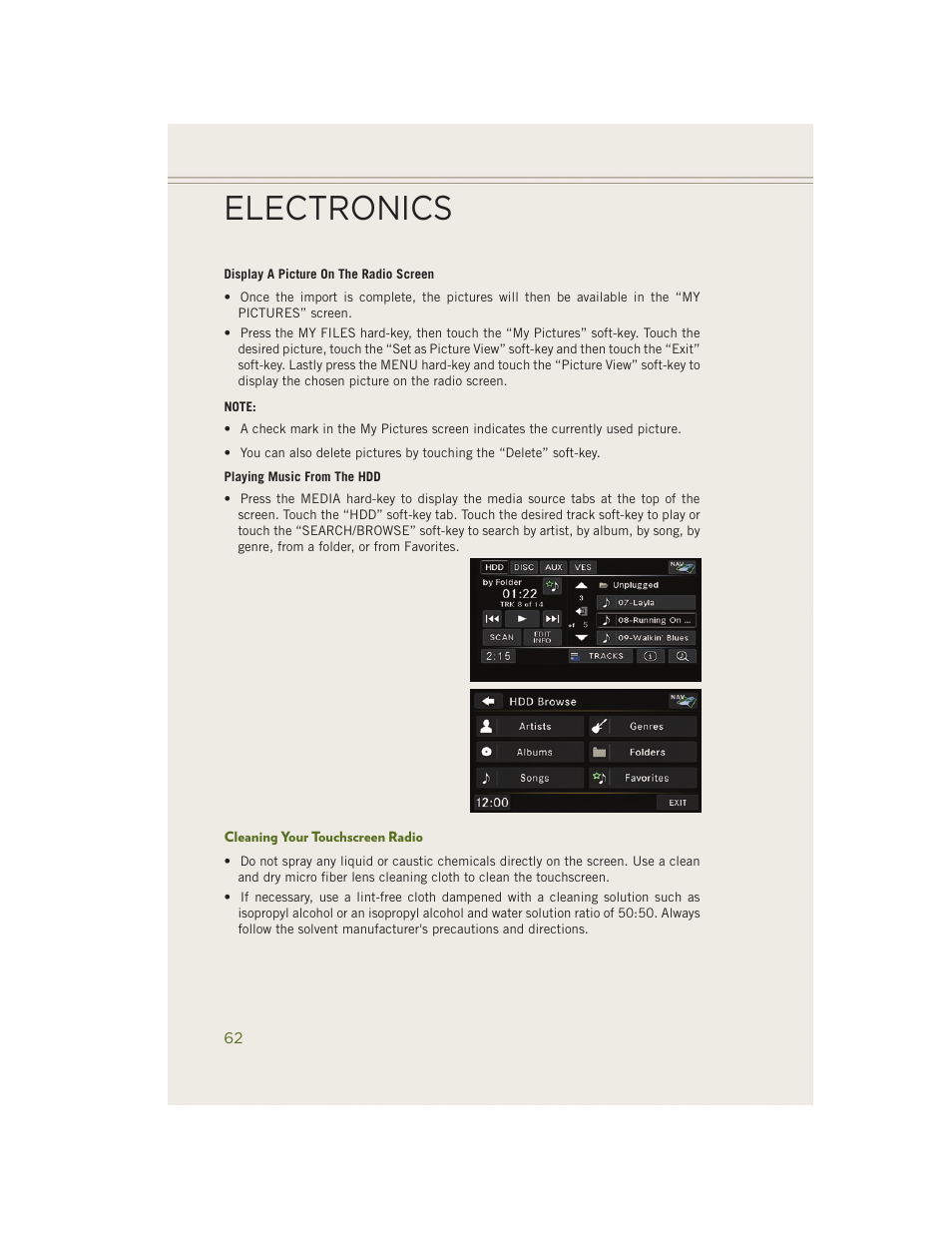 Cleaning your touchscreen radio, Electronics | Jeep 2014 Wrangler - User Guide User Manual | Page 64 / 148