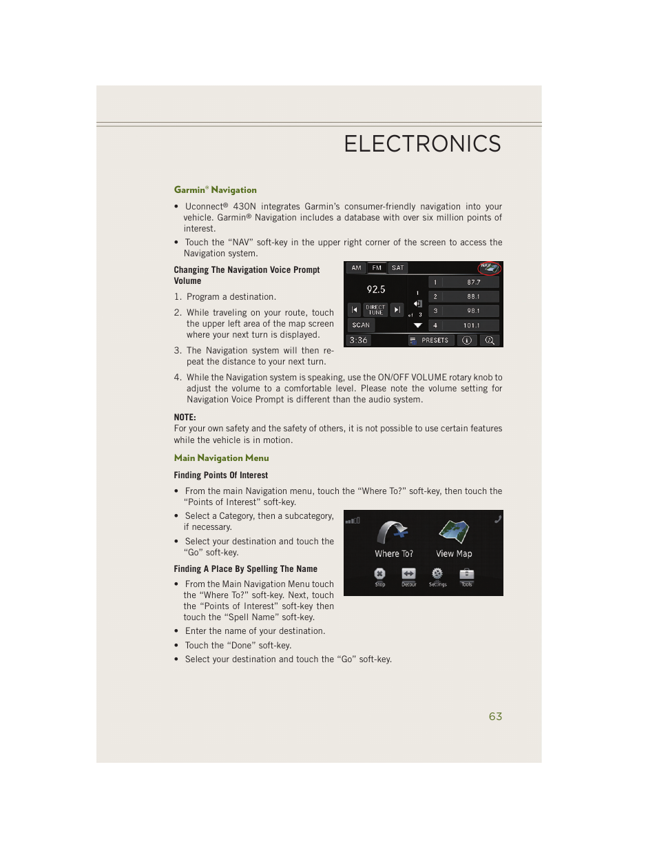 Garmin® navigation, Main navigation menu, Electronics | Jeep 2014 Wrangler - User Guide User Manual | Page 65 / 148