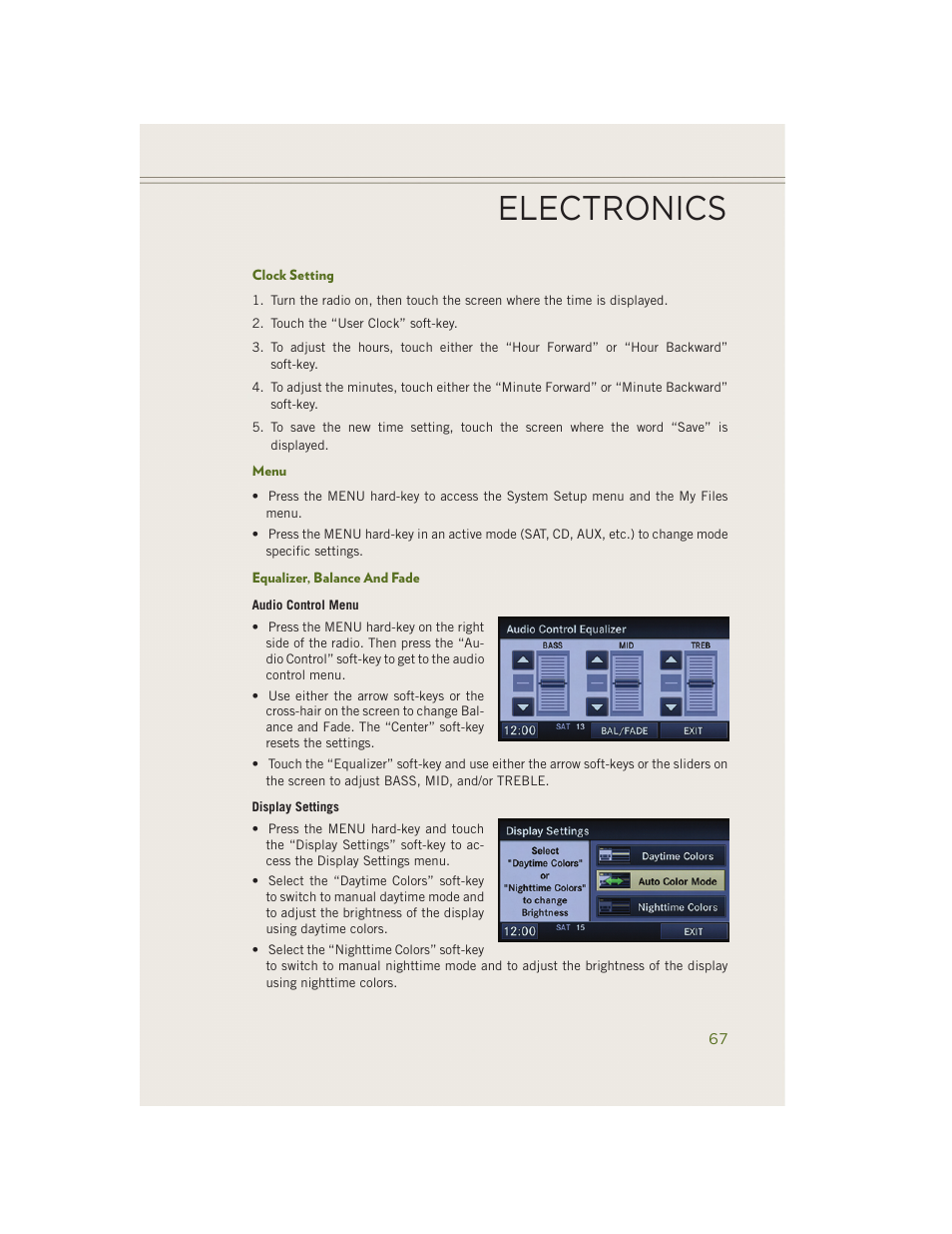 Clock setting, Menu, Equalizer, balance and fade | Electronics | Jeep 2014 Wrangler - User Guide User Manual | Page 69 / 148