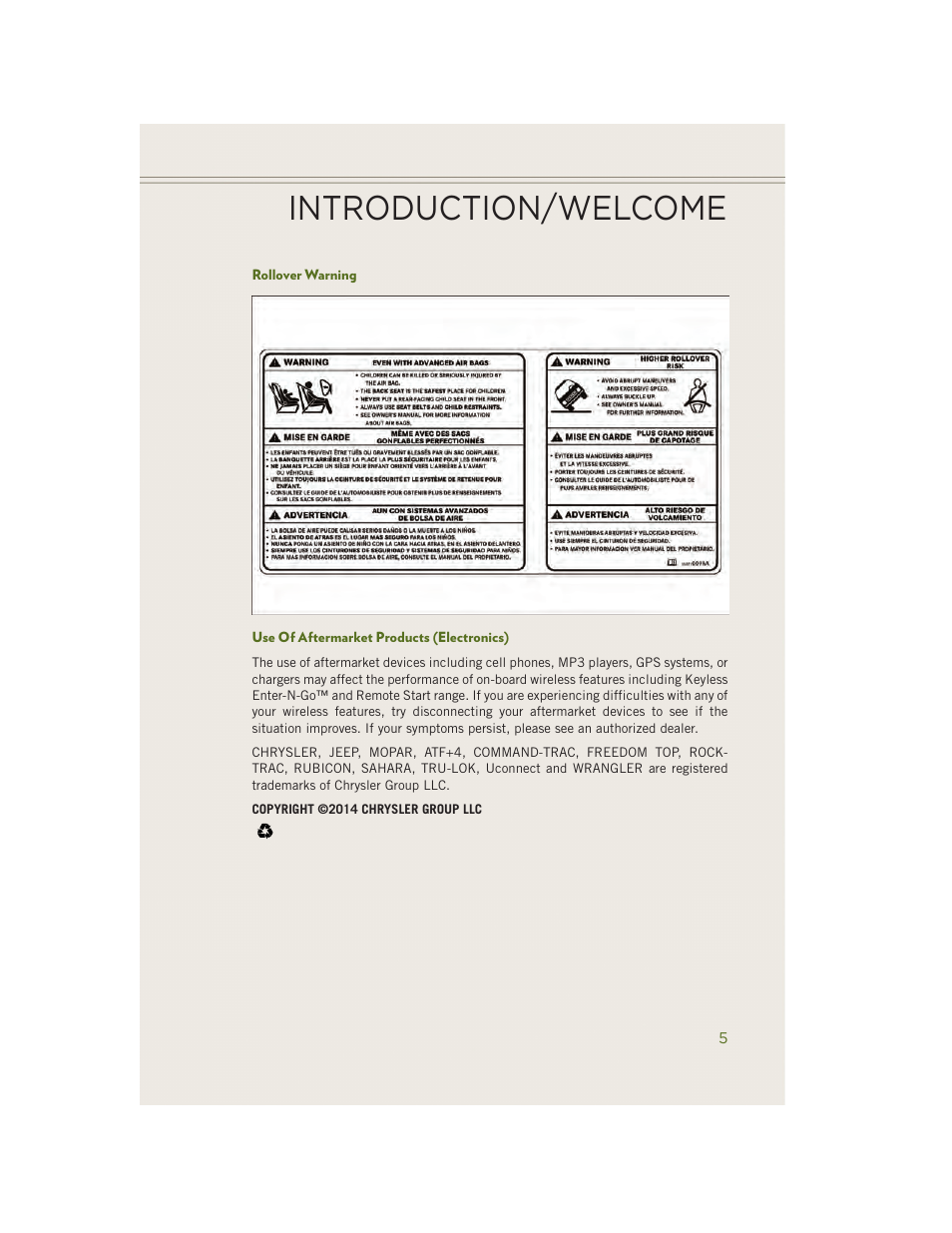 Rollover warning, Use of aftermarket products (electronics), Introduction/welcome | Jeep 2014 Wrangler - User Guide User Manual | Page 7 / 148