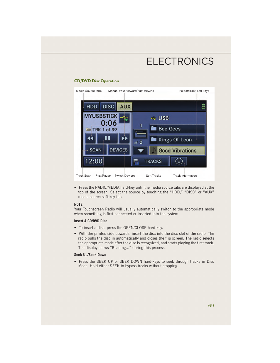 Cd/dvd disc operation, Electronics | Jeep 2014 Wrangler - User Guide User Manual | Page 71 / 148