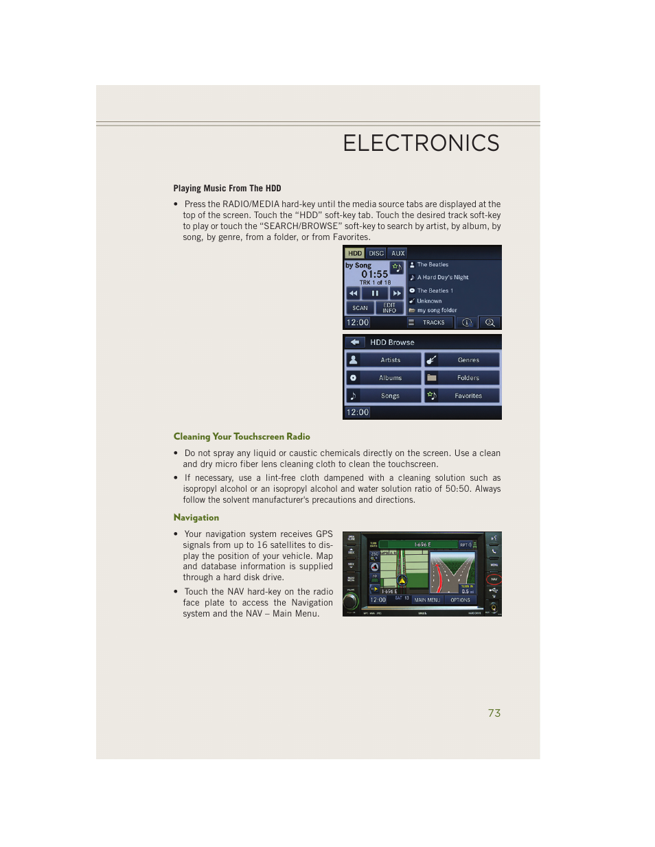 Cleaning your touchscreen radio, Navigation, Electronics | Jeep 2014 Wrangler - User Guide User Manual | Page 75 / 148