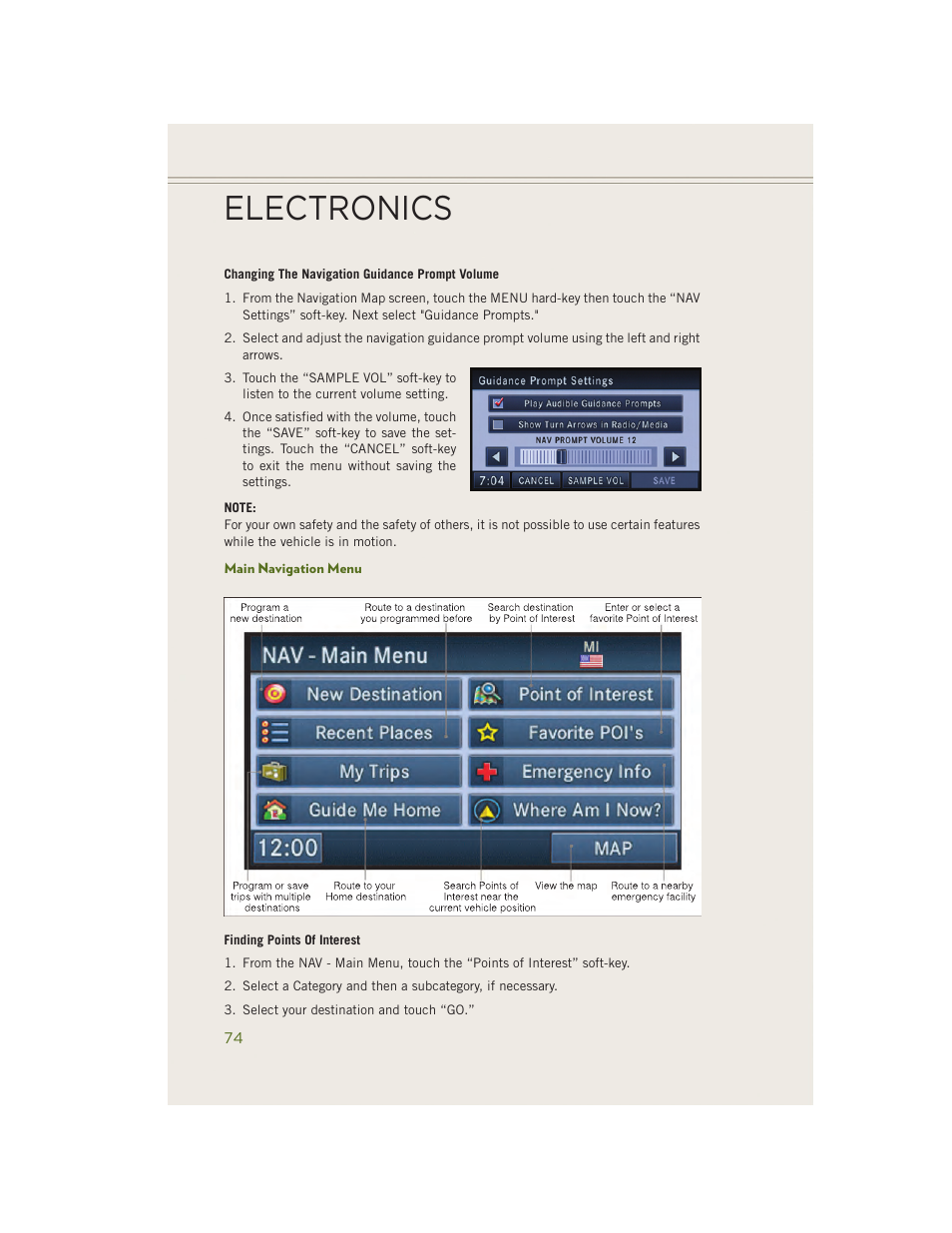 Main navigation menu, Electronics | Jeep 2014 Wrangler - User Guide User Manual | Page 76 / 148