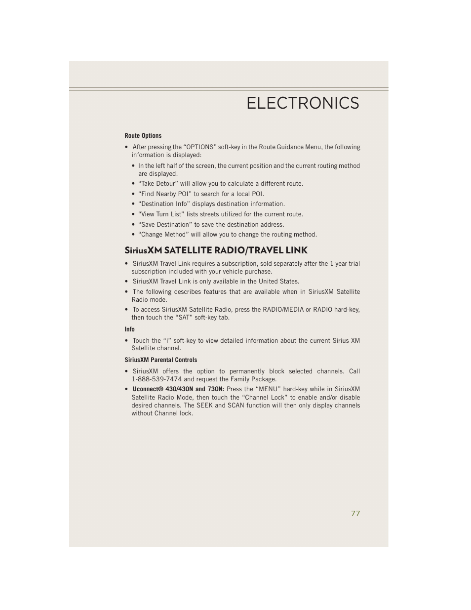 Siriusxm satellite radio/travel link, Electronics | Jeep 2014 Wrangler - User Guide User Manual | Page 79 / 148