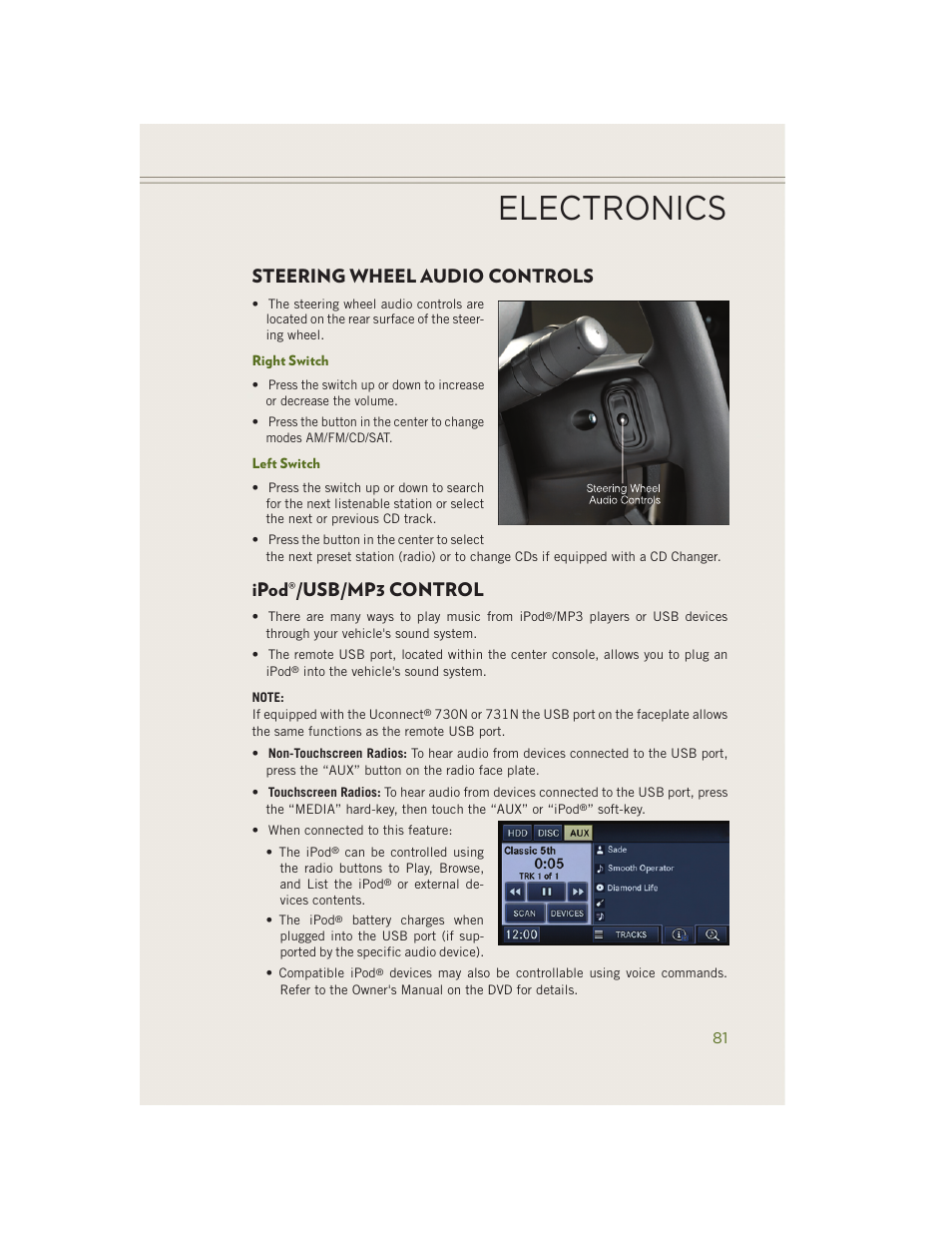 Steering wheel audio controls, Right switch, Left switch | Ipod®/usb/mp3 control, Ipod, Usb/mp3 control, Electronics | Jeep 2014 Wrangler - User Guide User Manual | Page 83 / 148