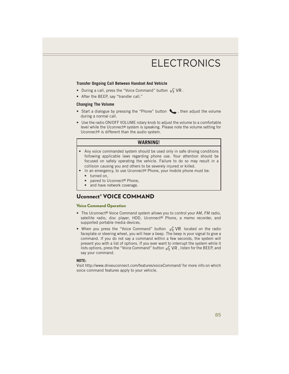 Uconnect® voice command, Voice command operation, Uconnect | Voice command, Electronics, Warning | Jeep 2014 Wrangler - User Guide User Manual | Page 87 / 148