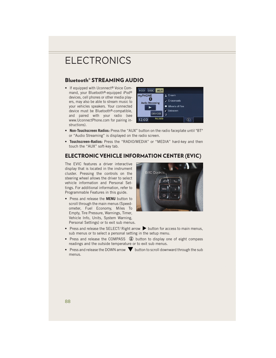 Bluetooth® streaming audio, Electronic vehicle information center (evic), Bluetooth | Streaming audio, Electronics | Jeep 2014 Wrangler - User Guide User Manual | Page 90 / 148