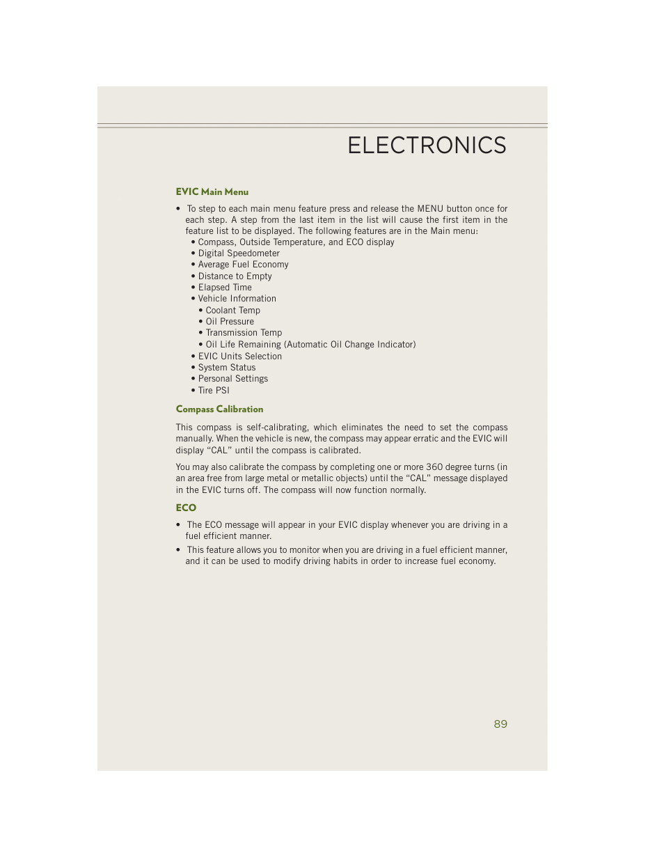 Evic main menu, Compass calibration, Electronics | Jeep 2014 Wrangler - User Guide User Manual | Page 91 / 148