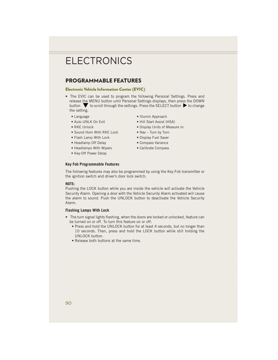 Programmable features, Electronic vehicle information center (evic), Electronics | Jeep 2014 Wrangler - User Guide User Manual | Page 92 / 148