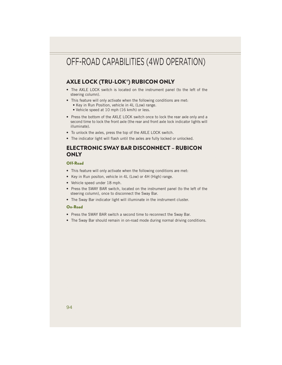 Axle lock (tru-lok®) rubicon only, Electronic sway bar disconnect – rubicon only, Off-road | On-road, Axle lock (tru-lok, Rubicon, Only electronic sway bar disconnect – rubicon only, Off-road capabilities (4wd operation) | Jeep 2014 Wrangler - User Guide User Manual | Page 96 / 148