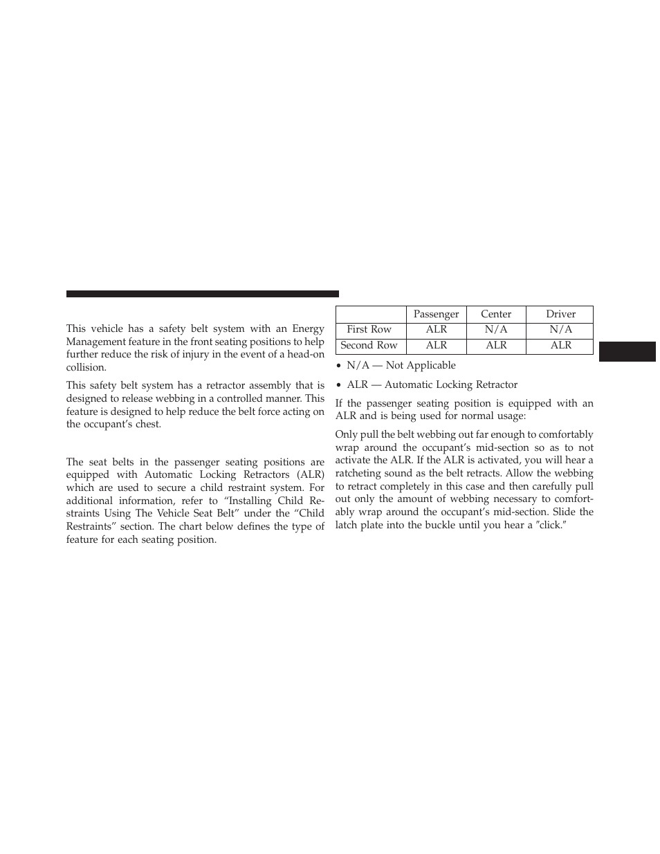 Energy management feature, Seat belts in passenger seating positions | Jeep 2014 Wrangler - Postal Supplement User Manual | Page 19 / 50