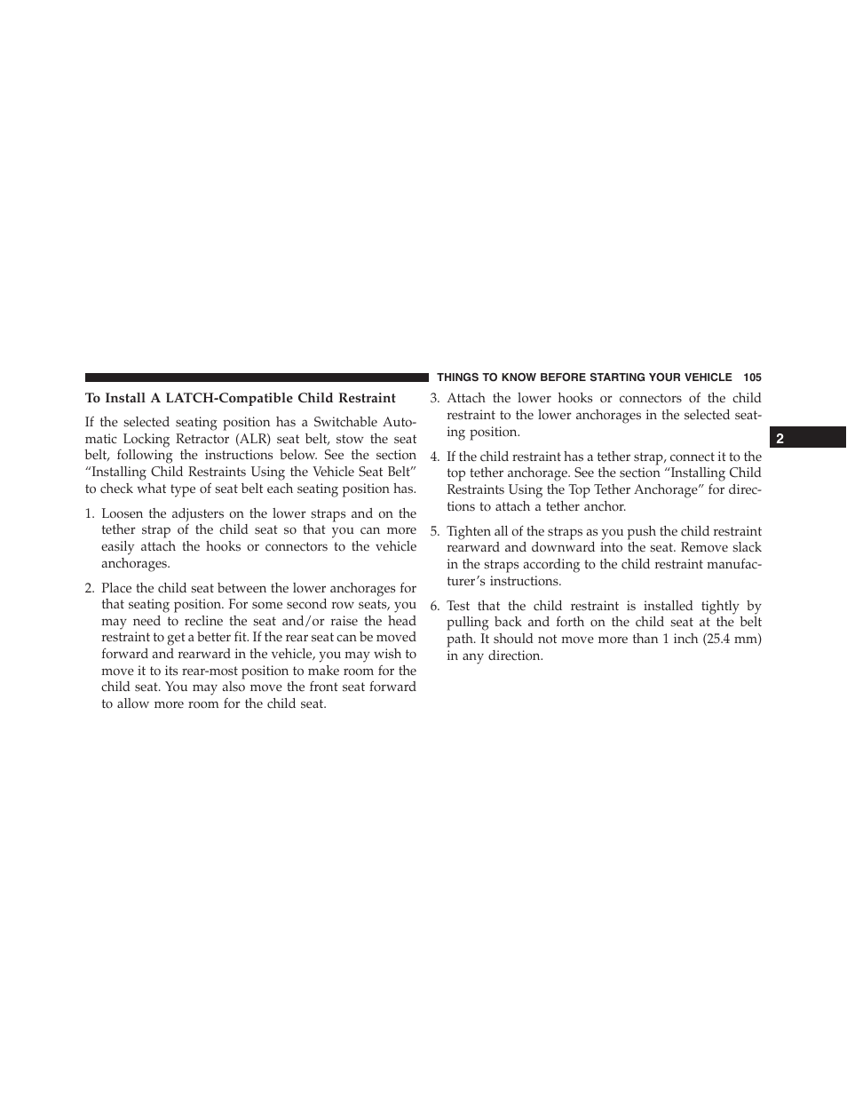 To install a latch-compatible child restraint | Jeep 2015 Cherokee - Owner Manual User Manual | Page 107 / 758