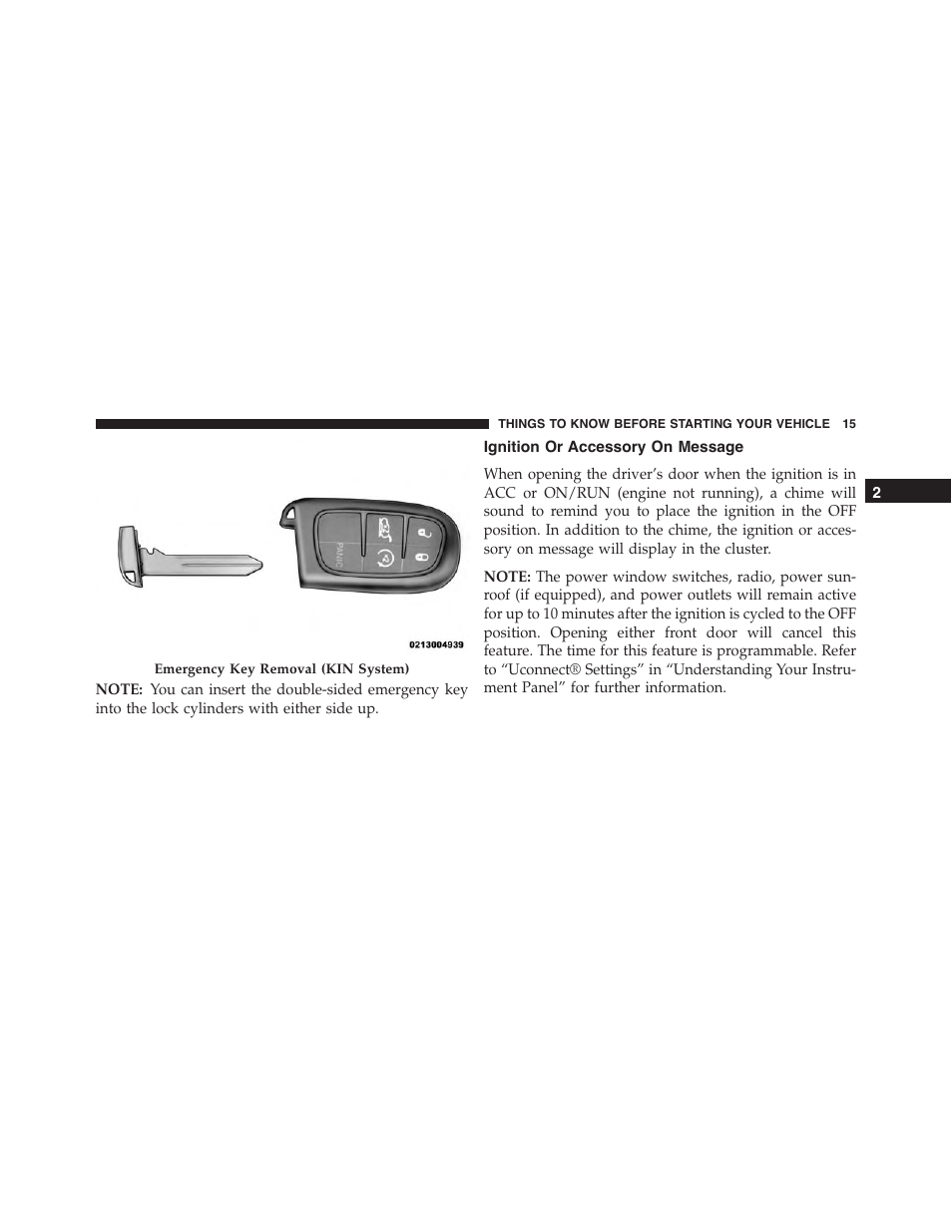 Ignition or accessory on message | Jeep 2015 Cherokee - Owner Manual User Manual | Page 17 / 758