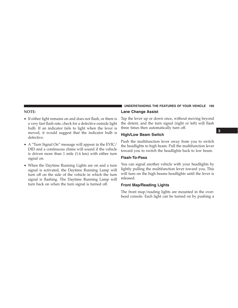 Lane change assist, High/low beam switch, Flash-to-pass | Front map/reading lights | Jeep 2015 Cherokee - Owner Manual User Manual | Page 171 / 758