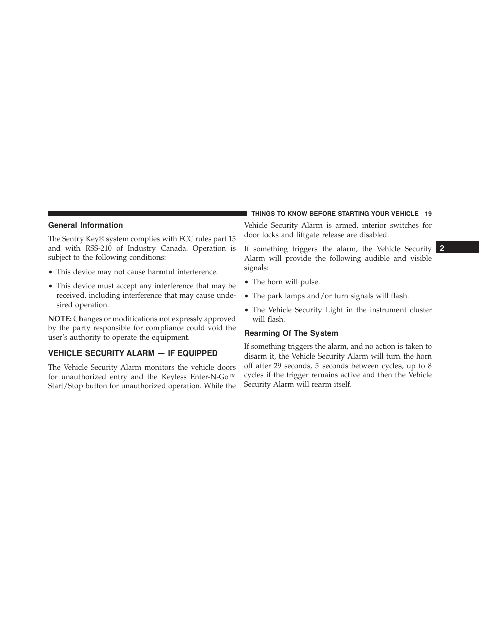 General information, Vehicle security alarm — if equipped, Rearming of the system | Jeep 2015 Cherokee - Owner Manual User Manual | Page 21 / 758