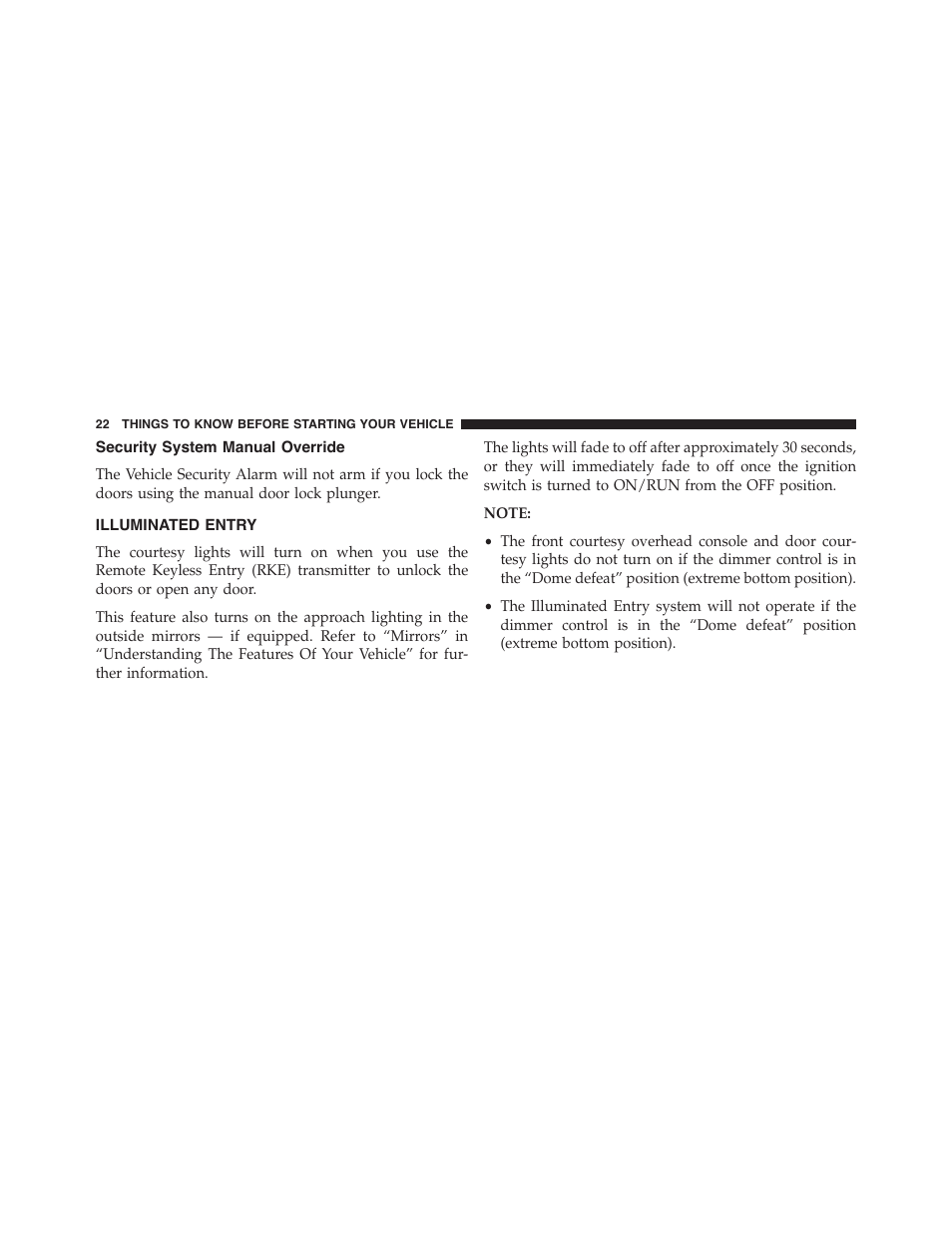 Security system manual override, Illuminated entry | Jeep 2015 Cherokee - Owner Manual User Manual | Page 24 / 758