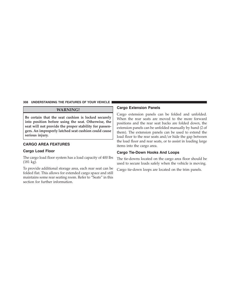 Cargo area features, Cargo load floor, Cargo extension panels | Cargo tie-down hooks and loops | Jeep 2015 Cherokee - Owner Manual User Manual | Page 310 / 758