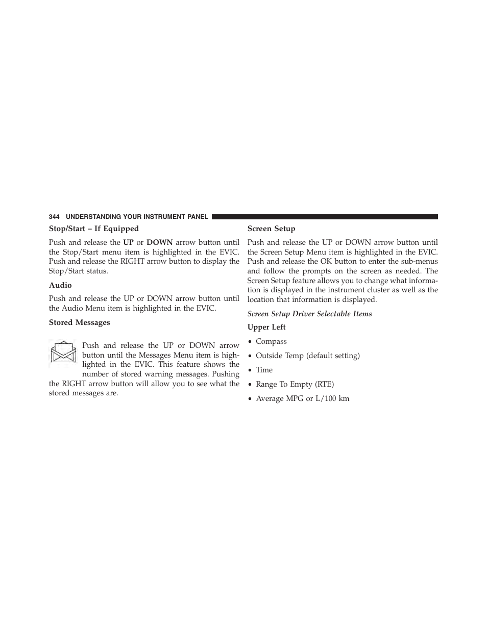 Stop/start – if equipped, Audio, Stored messages | Screen setup | Jeep 2015 Cherokee - Owner Manual User Manual | Page 346 / 758