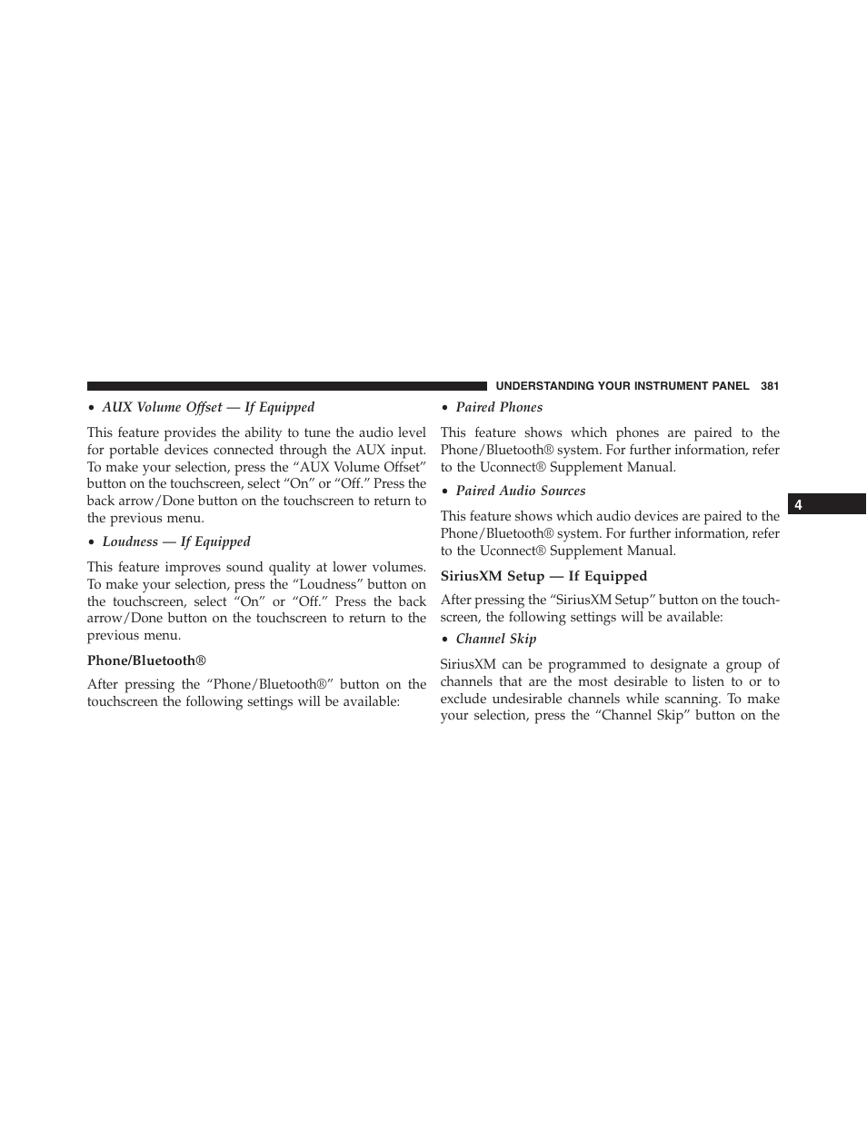 Phone/bluetooth, Siriusxm setup — if equipped | Jeep 2015 Cherokee - Owner Manual User Manual | Page 383 / 758