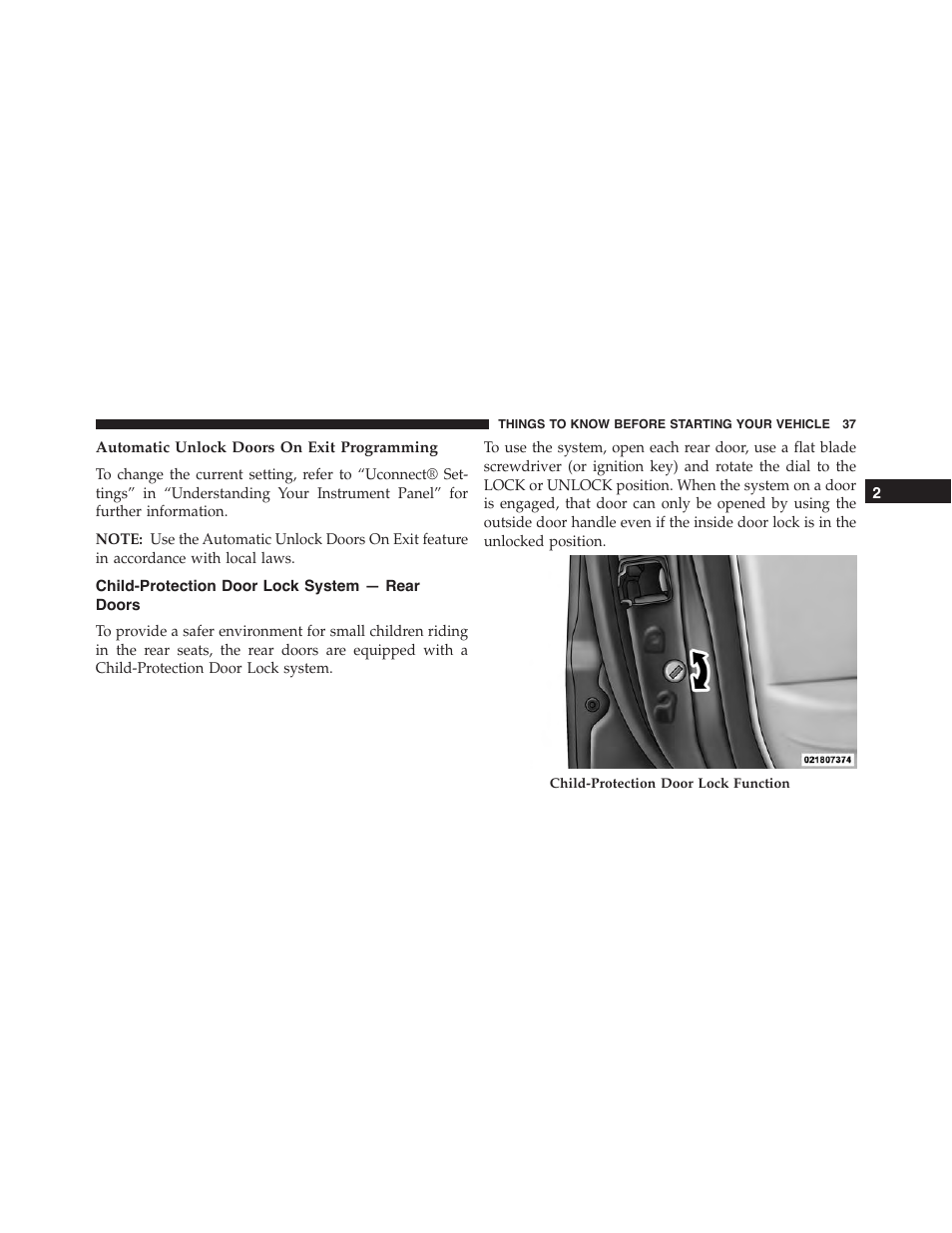 Automatic unlock doors on exit programming, Child-protection door lock system — rear doors, Child-protection door lock system — rear | Doors | Jeep 2015 Cherokee - Owner Manual User Manual | Page 39 / 758