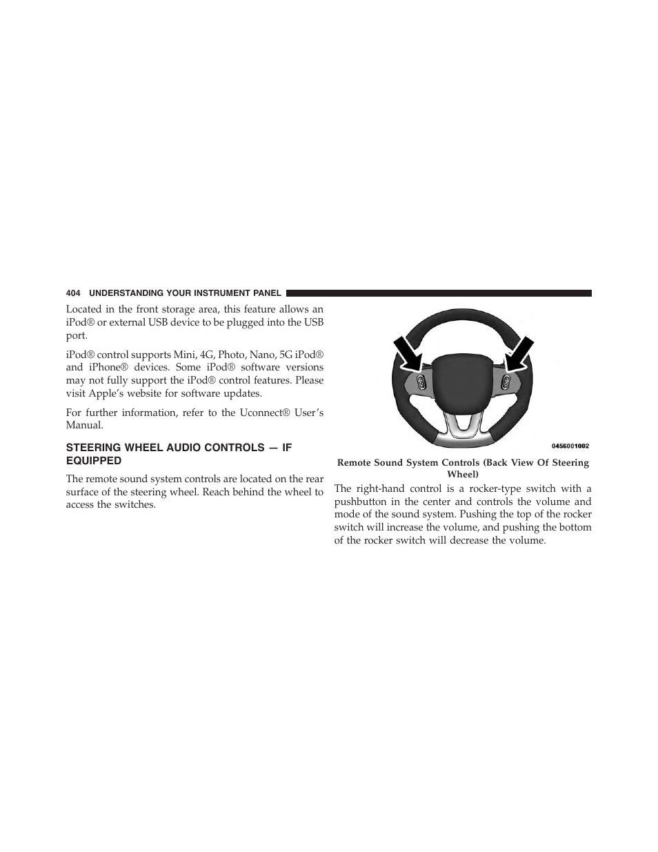 Steering wheel audio controls — if equipped, Steering wheel audio controls — if, Equipped | Jeep 2015 Cherokee - Owner Manual User Manual | Page 406 / 758