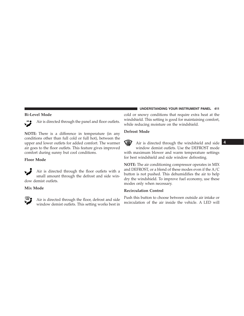 Bi-level mode, Floor mode, Mix mode | Defrost mode, Recirculation control | Jeep 2015 Cherokee - Owner Manual User Manual | Page 413 / 758