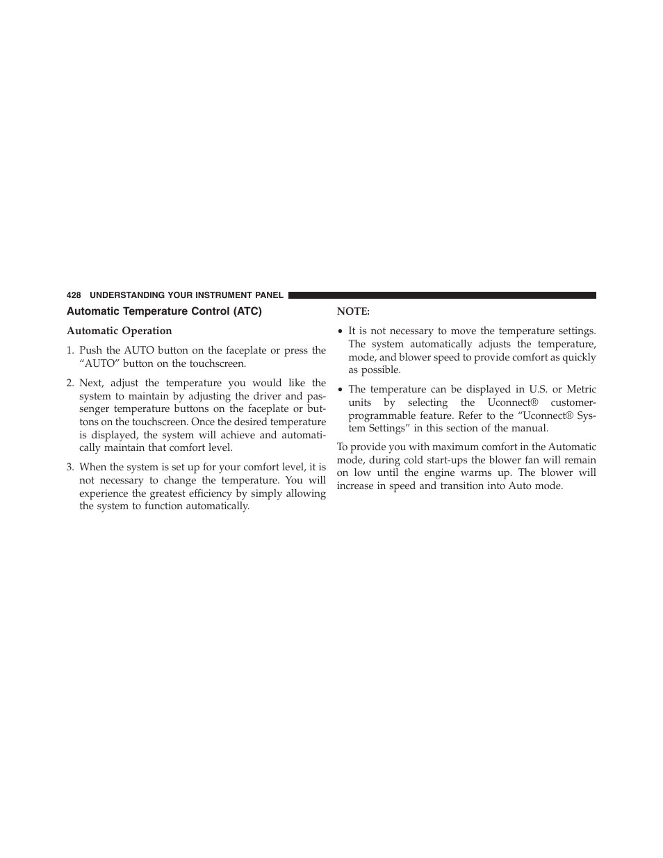 Automatic temperature control (atc), Automatic operation | Jeep 2015 Cherokee - Owner Manual User Manual | Page 430 / 758