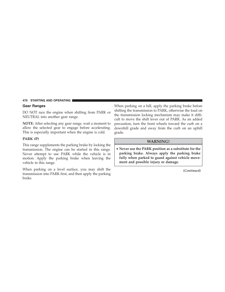 Gear ranges, Park (p) | Jeep 2015 Cherokee - Owner Manual User Manual | Page 472 / 758