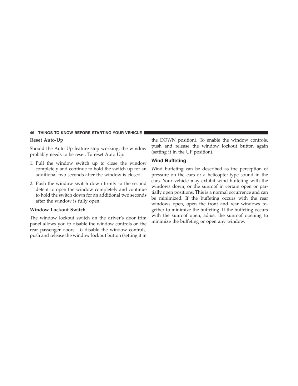 Reset auto-up, Window lockout switch, Wind buffeting | Jeep 2015 Cherokee - Owner Manual User Manual | Page 48 / 758