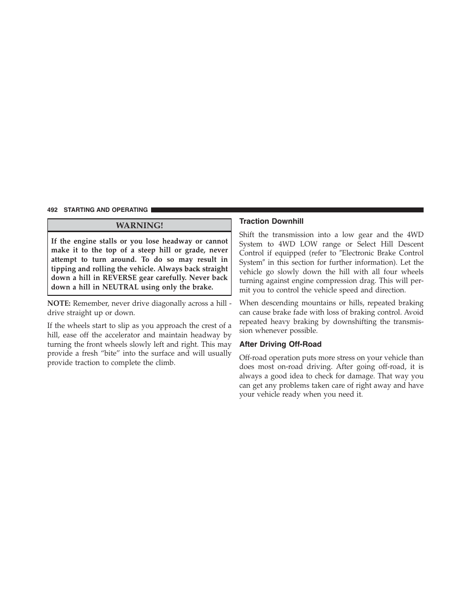 Traction downhill, After driving off-road | Jeep 2015 Cherokee - Owner Manual User Manual | Page 494 / 758