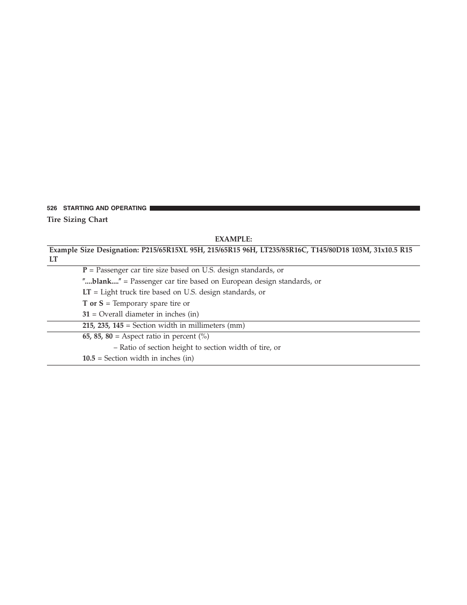 Tire sizing chart | Jeep 2015 Cherokee - Owner Manual User Manual | Page 528 / 758