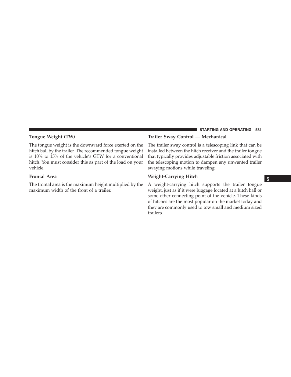 Tongue weight (tw), Frontal area, Trailer sway control — mechanical | Weight-carrying hitch | Jeep 2015 Cherokee - Owner Manual User Manual | Page 583 / 758