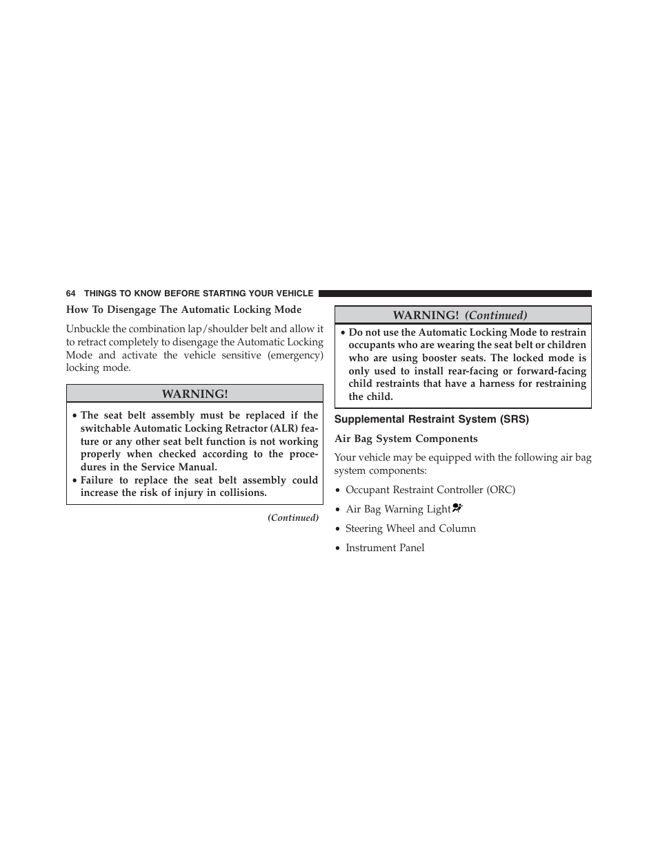 Supplemental restraint system (srs), Air bag system components | Jeep 2015 Cherokee - Owner Manual User Manual | Page 66 / 758