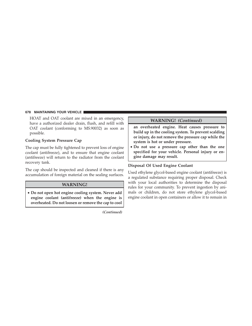 Cooling system pressure cap, Disposal of used engine coolant | Jeep 2015 Cherokee - Owner Manual User Manual | Page 680 / 758