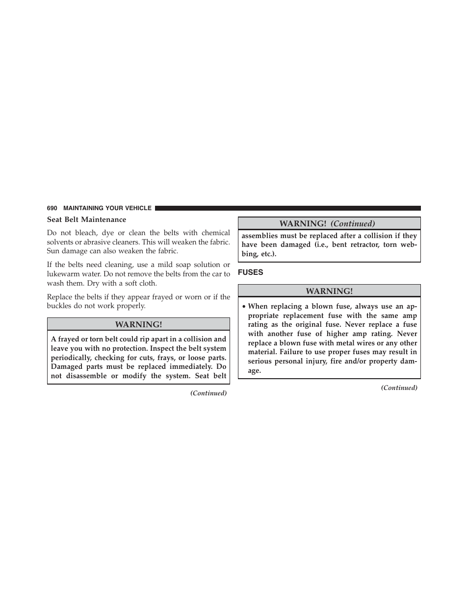 Seat belt maintenance, Fuses | Jeep 2015 Cherokee - Owner Manual User Manual | Page 692 / 758