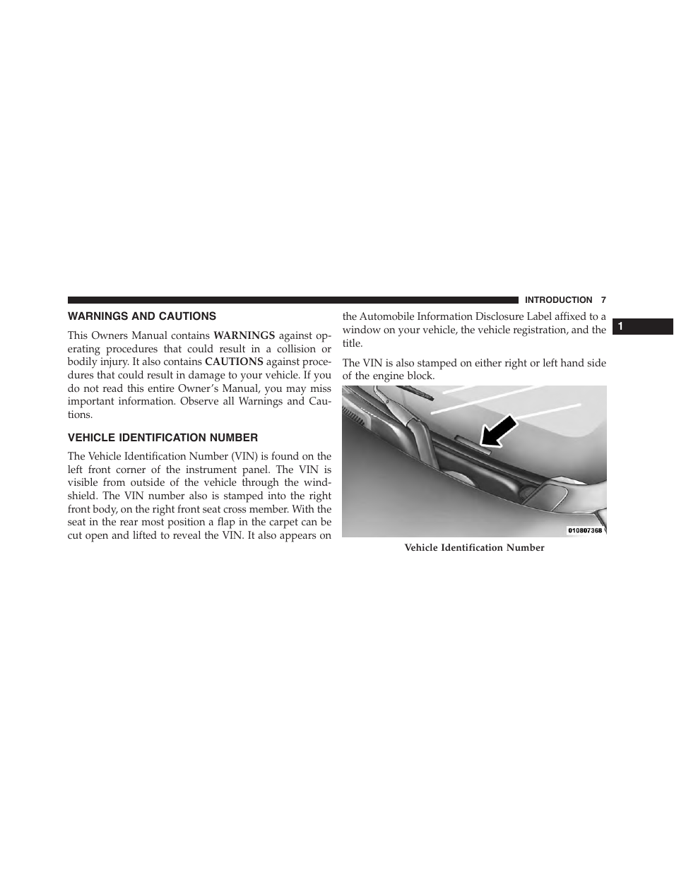 Warnings and cautions, Vehicle identification number | Jeep 2015 Cherokee - Owner Manual User Manual | Page 9 / 758