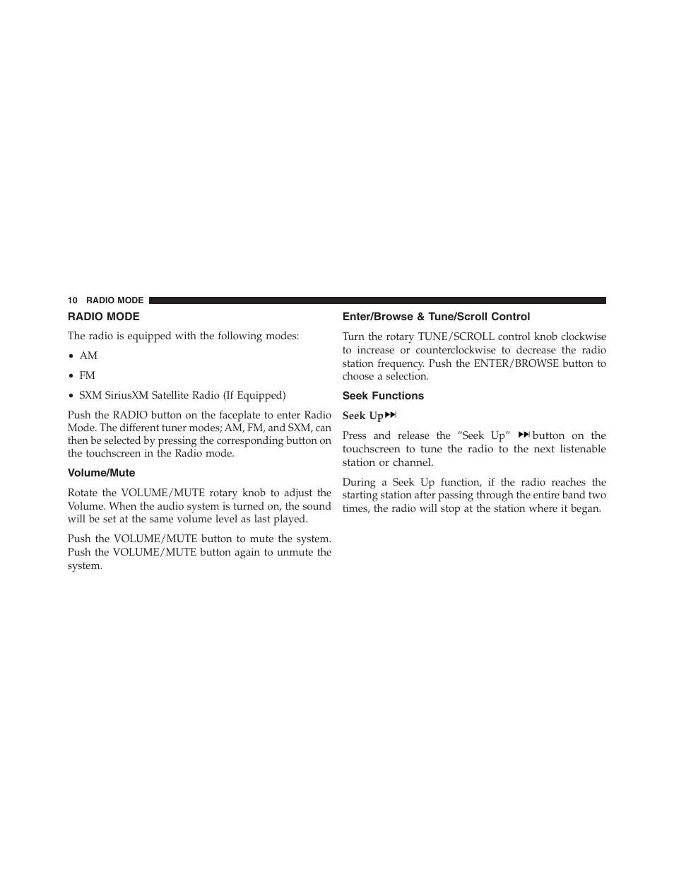 Radio mode, Volume/mute, Enter/browse & tune/scroll control | Seek functions | Chrysler uconnect 5.0 for Chrysler User Manual | Page 11 / 56