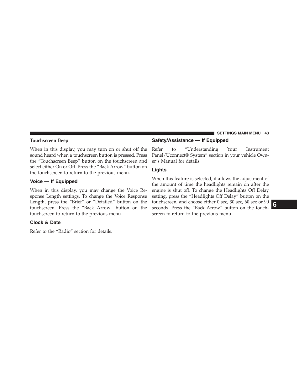 Voice — if equipped, Clock & date, Safety/assistance — if equipped | Lights | Chrysler uconnect 5.0 for Chrysler User Manual | Page 44 / 56