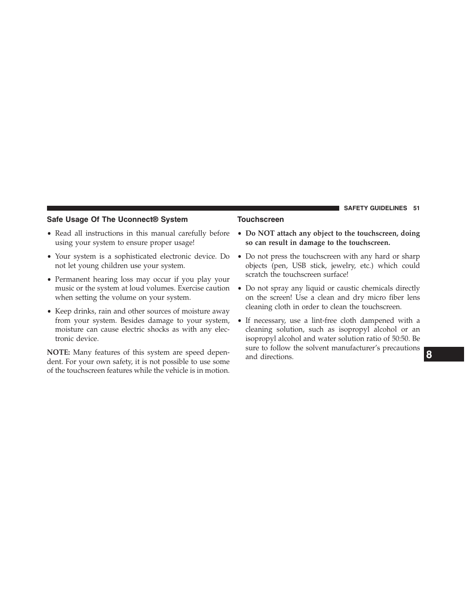 Safe usage of the uconnect® system, Touchscreen | Chrysler uconnect 5.0 for Chrysler User Manual | Page 52 / 56