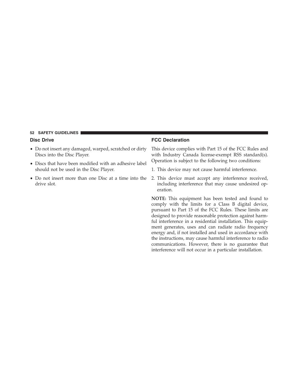 Disc drive, Fcc declaration | Chrysler uconnect 5.0 for Chrysler User Manual | Page 53 / 56