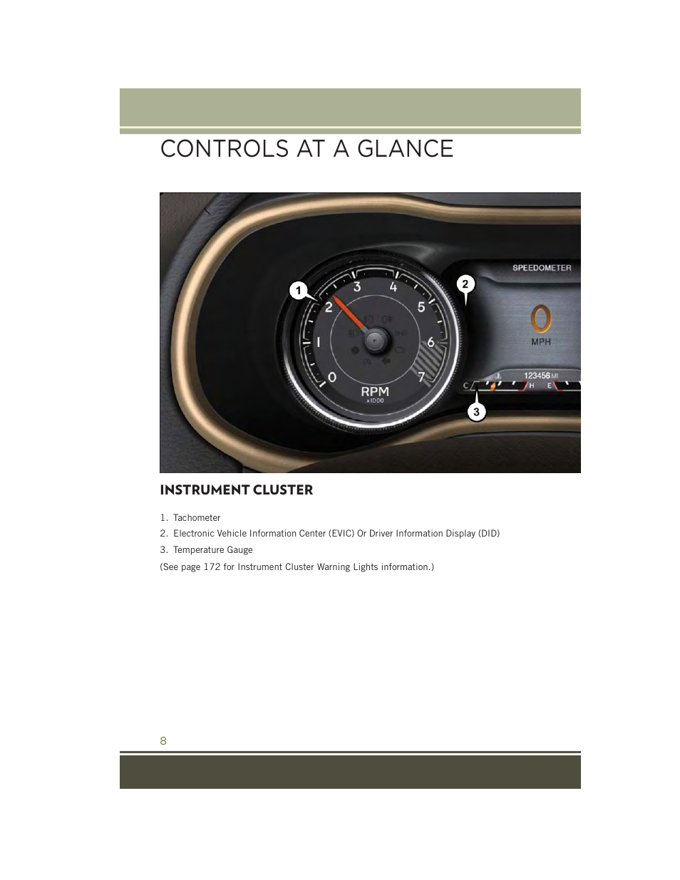 Instrument cluster, Controls at a glance | Jeep 2015 Cherokee - User Guide User Manual | Page 10 / 244