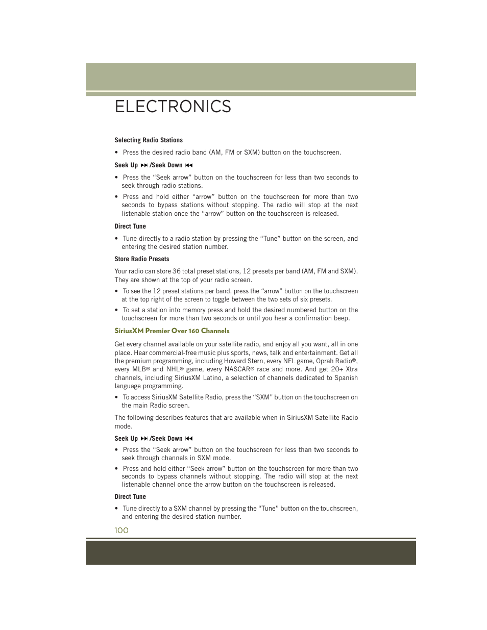 Siriusxm premier over 160 channels, Electronics | Jeep 2015 Cherokee - User Guide User Manual | Page 102 / 244